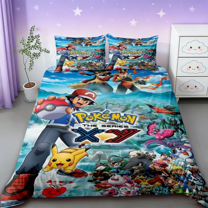 Set Pair of Three Pieces, Pikachu Cover, Cartoon Bed Linen Set, Bedroom Furniture Cover, Queen and King Sizes