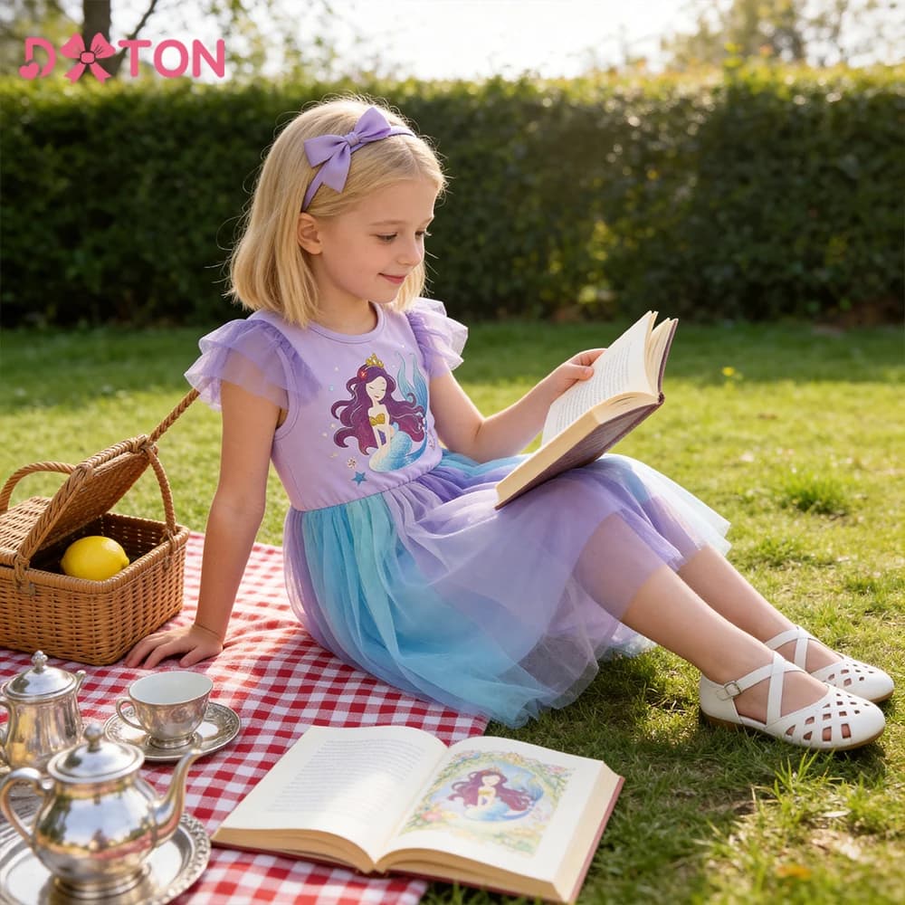 DXTON Kids Vacation Clothing Flying Sleeveless Princess Girls Dresses Mermaid Ruffled Children Dress Tutu Mesh Camping Outfits