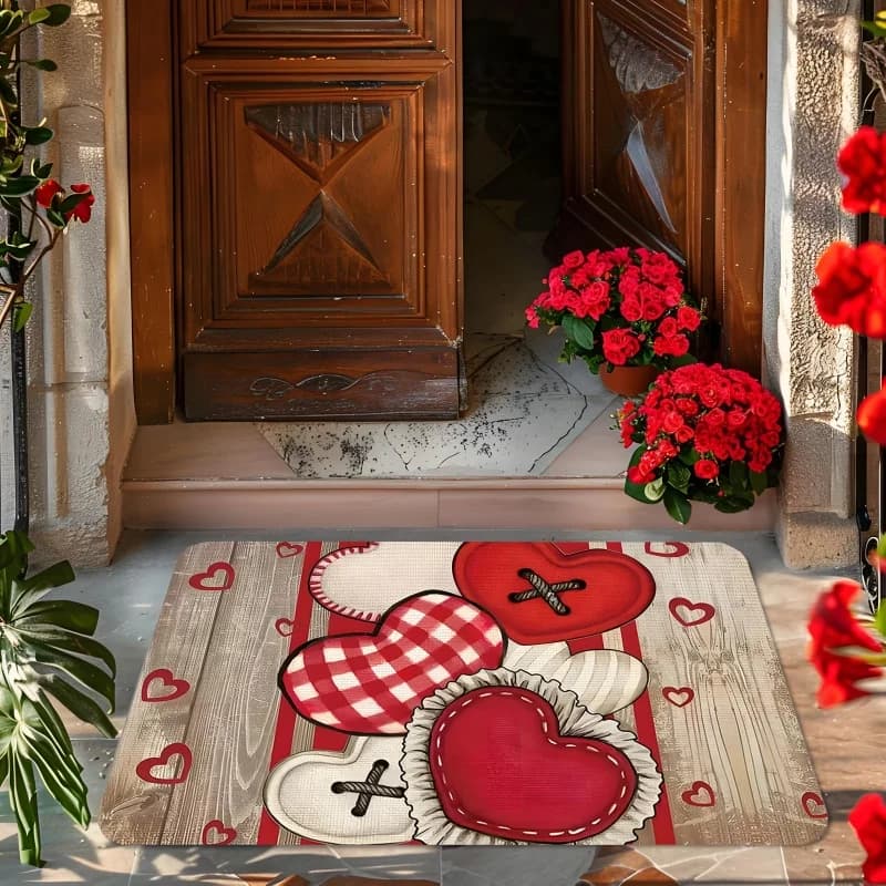 VIKAMA San Valentino Interni Esterni Decor Tappetino per porta con cuore d'amore Modello a strisce rosse Design Morbido e confortevole Tappetino per piedi