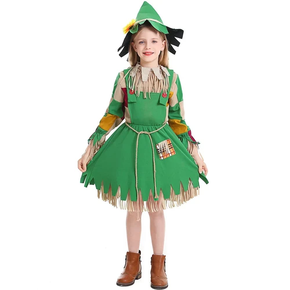 Abito da strega per ragazza verde per bambini di Halloween con costume da bambola burattino con toppe a fiori