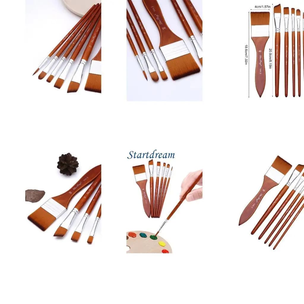 6Pieces Nylon Bristle Paint Brush for Acrylics Oil Gouache Watercolor Painting K92C