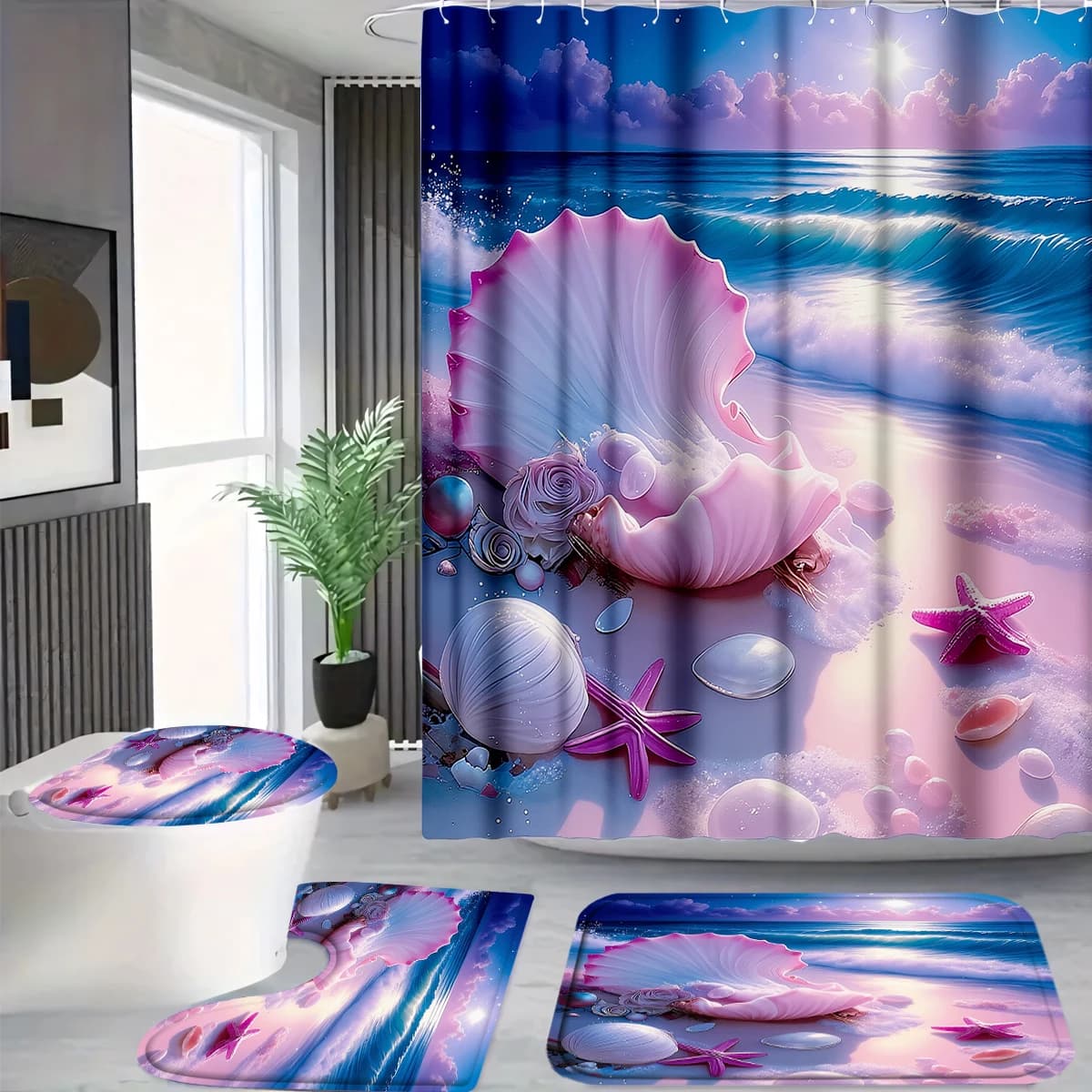 4 Pcs/Set Pink Seashell Beach Shower Curtain Bathroom Set, Sunset Ocean Print Waterproof Mildew Resistant Fabric, Family Bathroom Decor, Romantic & Aesthetic Style Bath Mat Set, Fits Apartment, Guest Bathroom, Home Use, Includes 12 Free Hooks