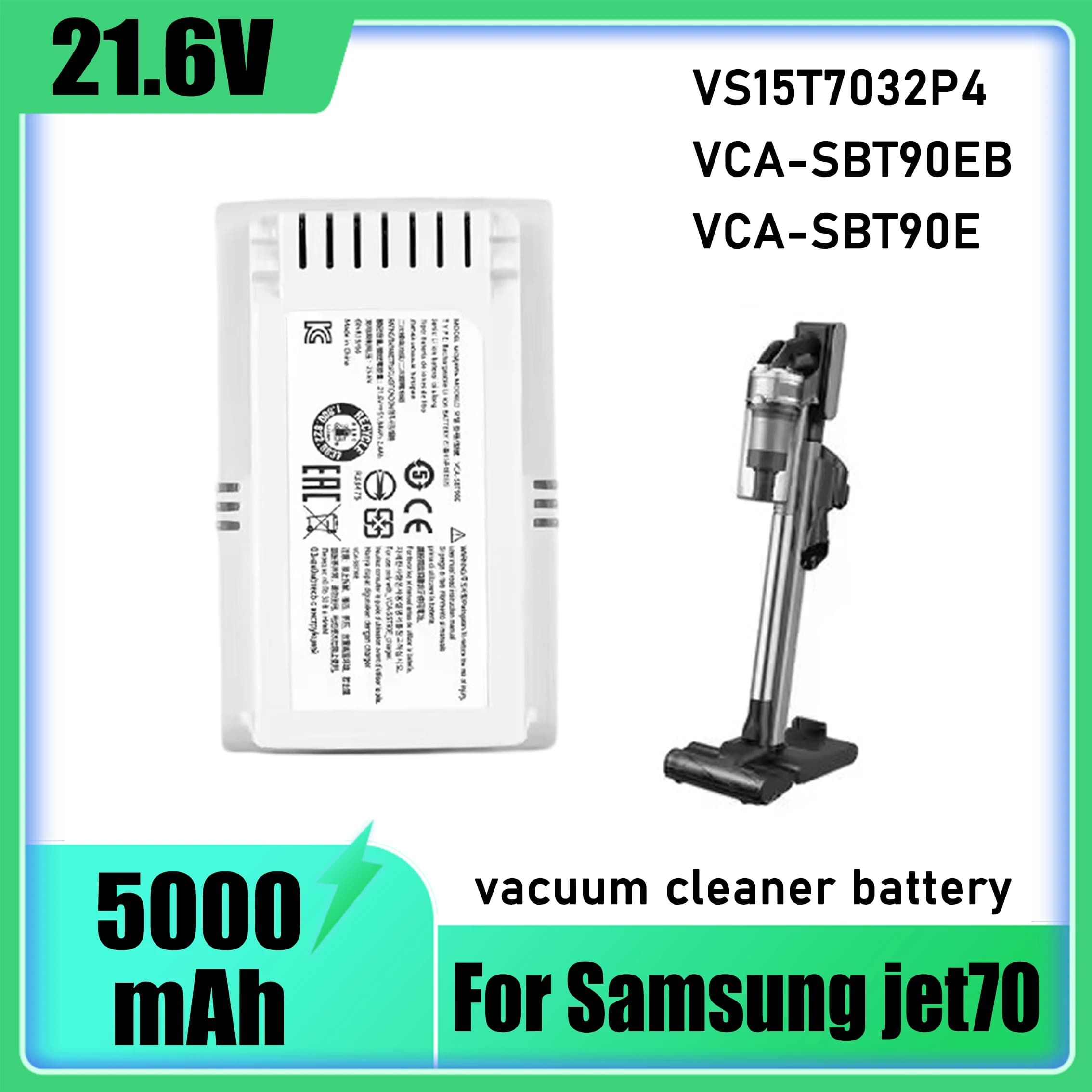 21.6 V 5000mAh, battery replacement for Samsung Jet 70 VS15T7032P4 VCA-SBT90E vacuum cleaner