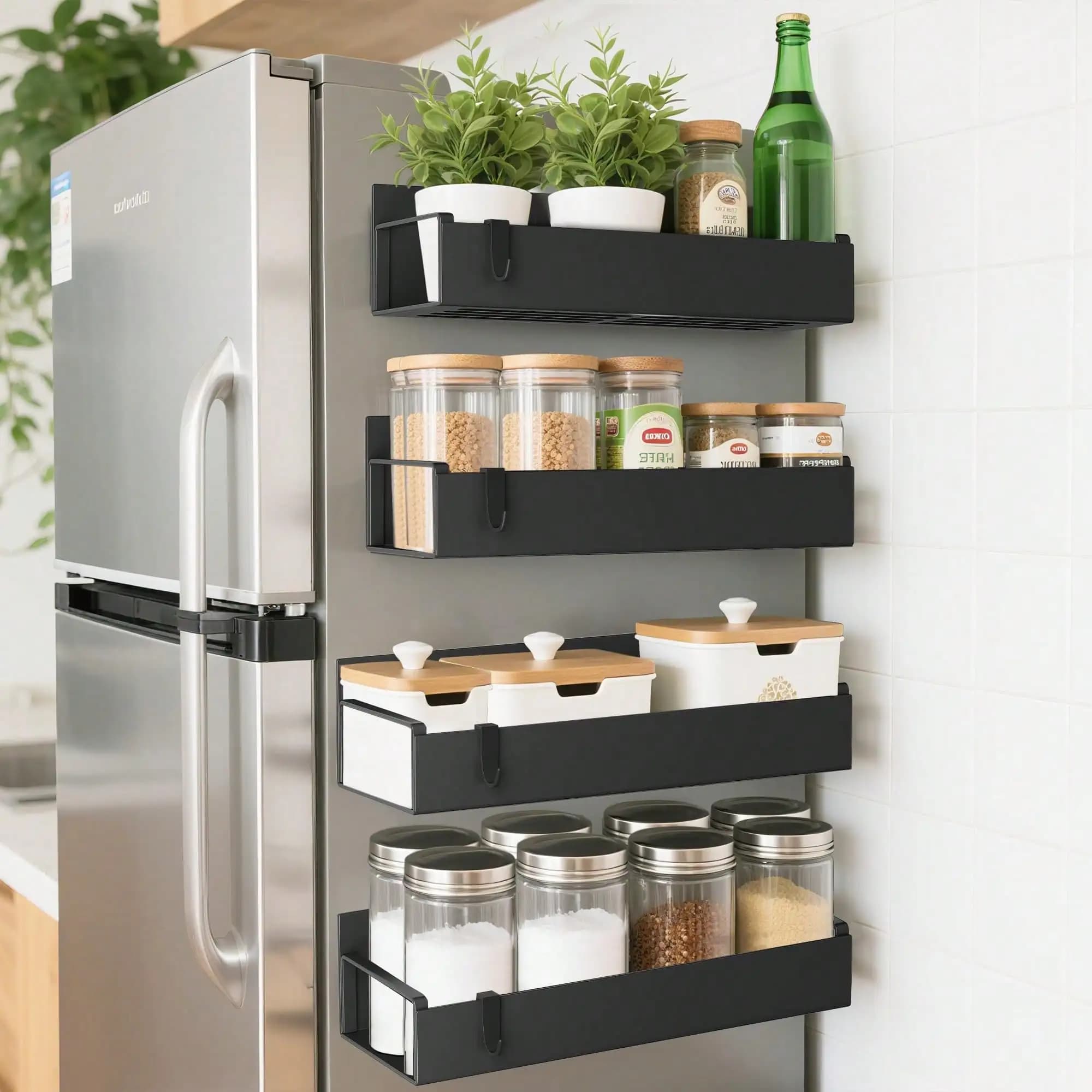 4-Pack Metal Magnetic Spice Storage Set , Space Saving Multi-Purpose Organizer For Fridge Washing Machine, Tool-Free Install