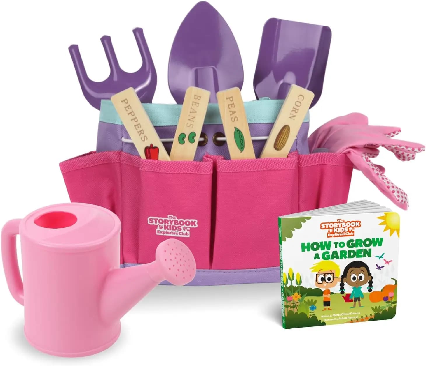 Set di Attrezzi da Giardinaggio per Bambini con Borsa, Annaffiatoio, Guanti, Pale, Paletti e Libro di Storie per Bambini Piccoli