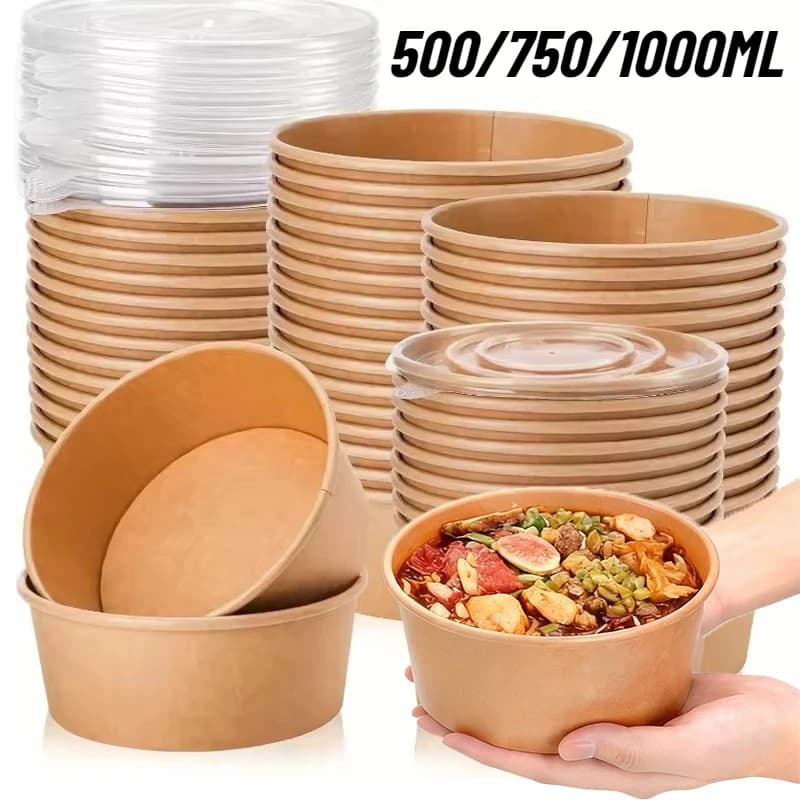 10/20PCS Kraft Paper Round Bowls Disposable Lunch Bento Bowls with Lids Meal Prep Kitchen Packaging Box Circular Food Container