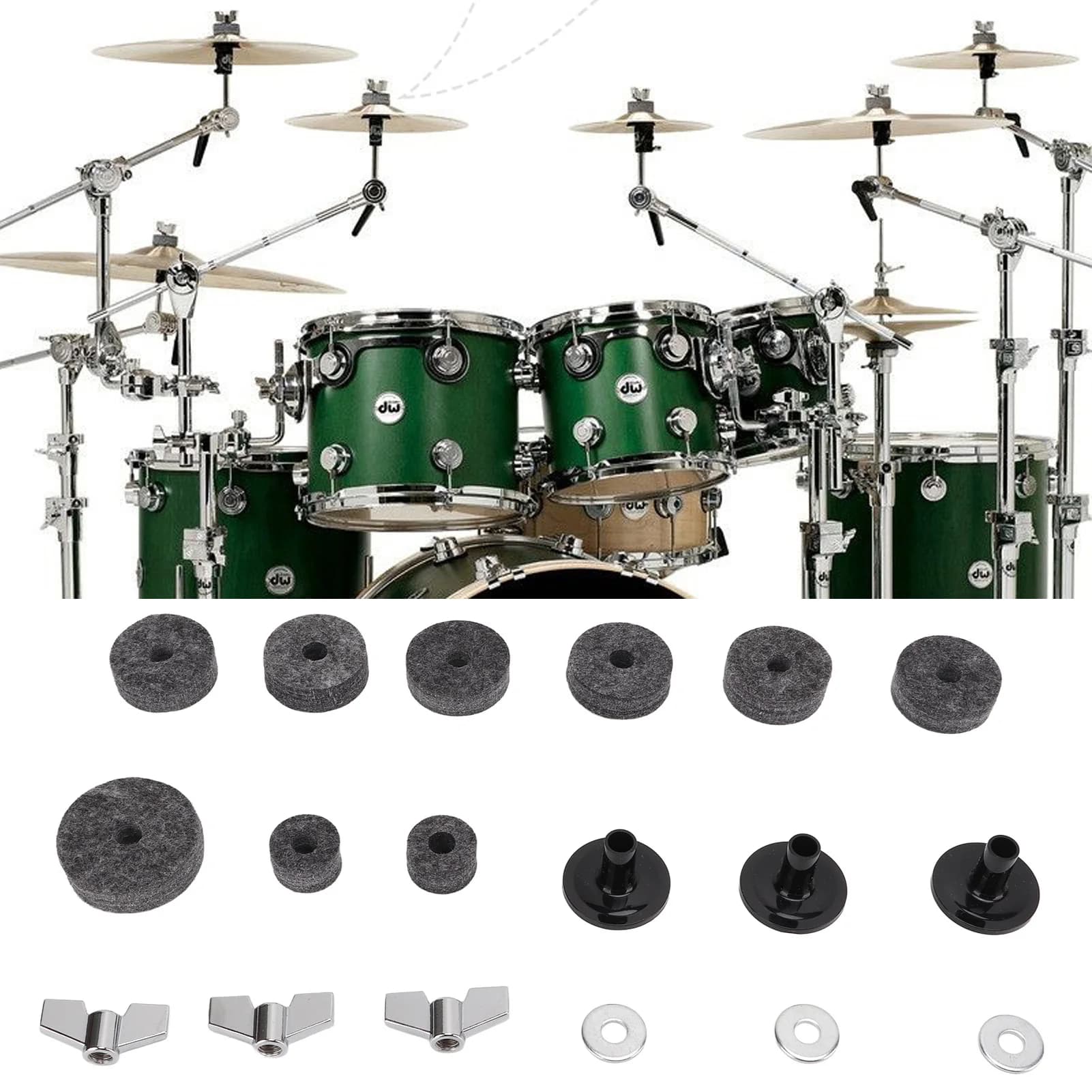 Accessori di ricambio per piatti Kit batteria Set di cuscinetti in feltro antiscivolo Dadi ad ala Manicotti per supporto Rondelle per piatti Accessori di ricambio