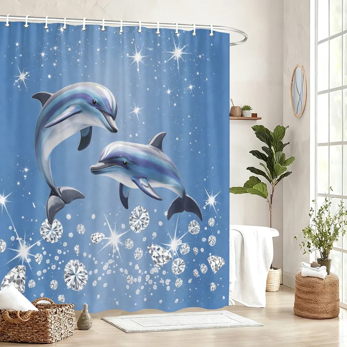 Ocean Themed Polyester Shower Curtain - Marine Life Printed Bath Curtain, Stylish Bathroom Decor for Home & Hotel