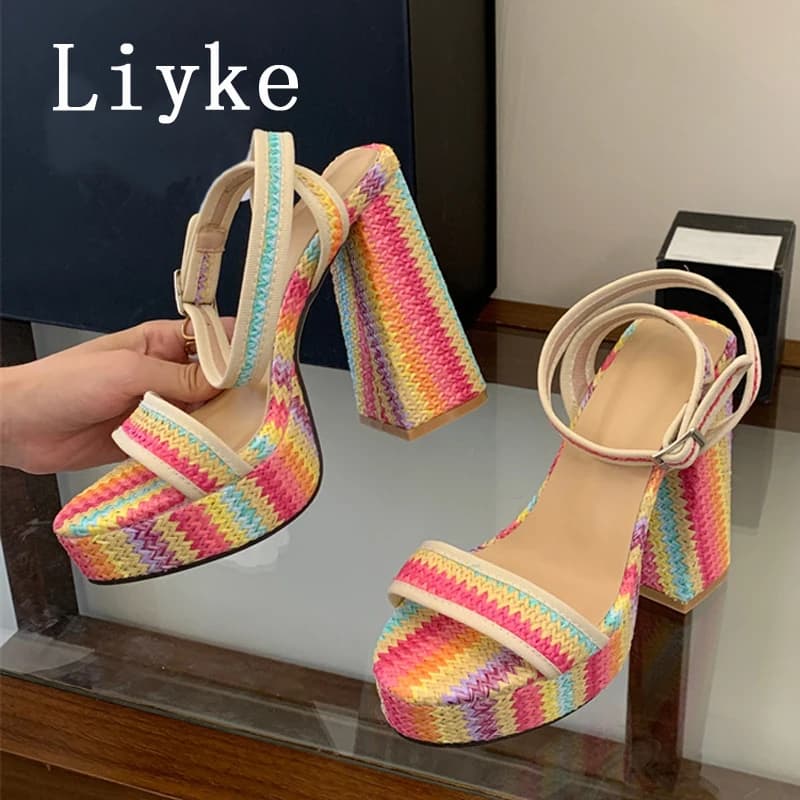 Liyke Summer Mixed Colors Ankle Strap Women Platform Sandals Fashion Open Toe Chunky High Heels Party Dress Shoes Zapatos Mujer