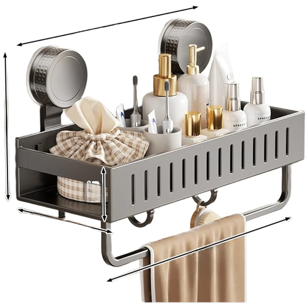Rust Resistant Suction Cup Shower Shelf with Multiple Tiers Hooks and Towel Rack for Toiletry Organization on Smooth Surfaces