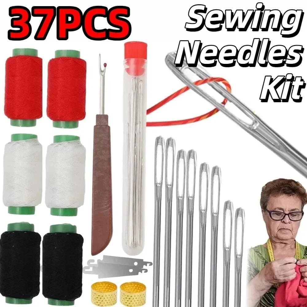 Kit di aghi per cucire in acciaio inossidabile da 37 pezzi Set di strumenti per cucire in acciaio portatile con occhi grandi Kit di strumenti per cucire manuale salvaspazio