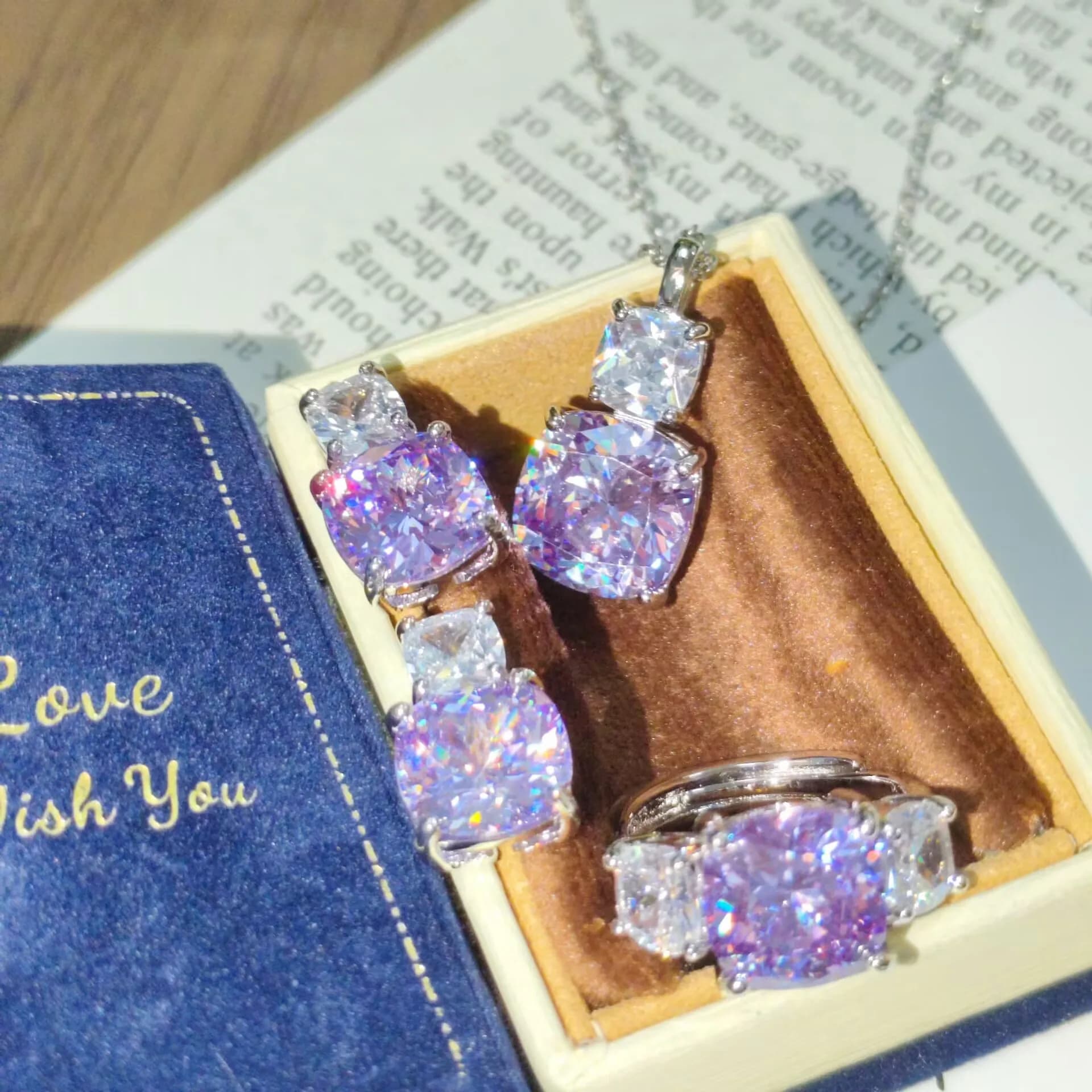 925 Sterling Silver Fashion Light Luxury Pink Purple Ice Flower Cut Crystal Zircon Necklace Pendant Stud Earrings Ring Set