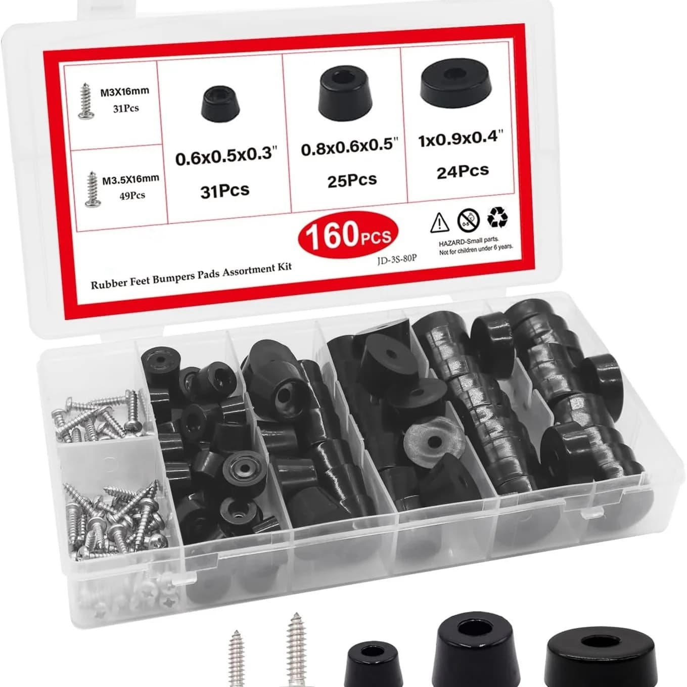 160PCS 3 Sizes Black Rubber Feet for Cutting Board Stainless Steel Washers Screws Furniture Anti Slip