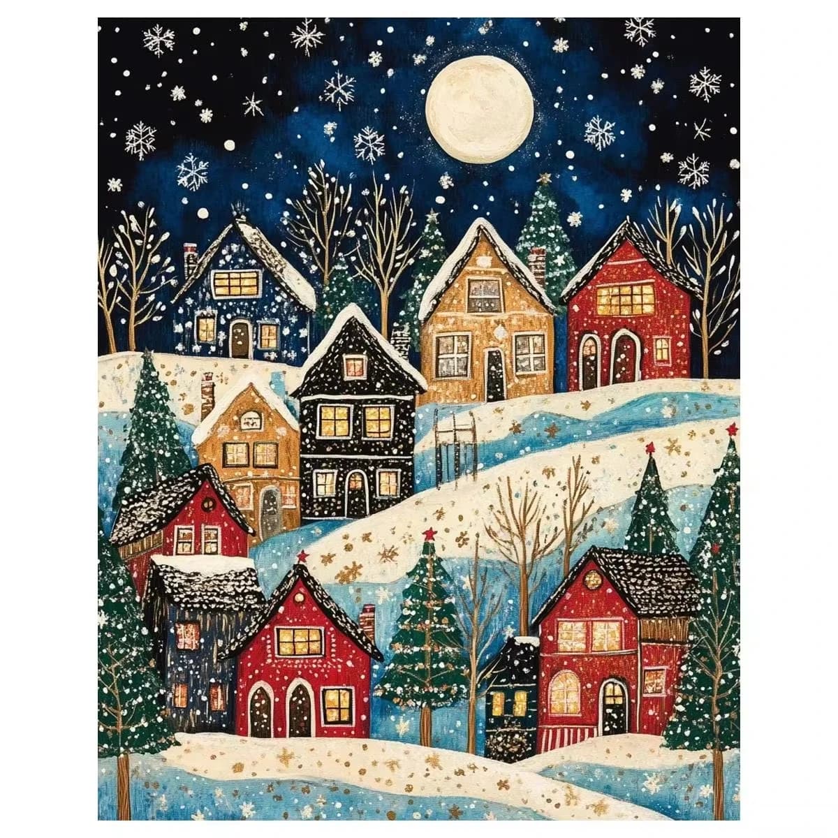 5D DIY Cozy Winter Village Diamond Painting Snowy Houses and Moonlit Night Art Creative Gift Home Decor