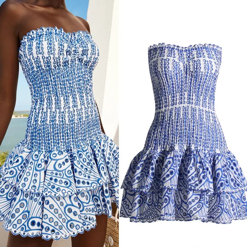 Abito sexy da donna senza spalline senza maniche con orlo a strati, senza maniche, con spalle scoperte, vita alta, mini abiti con volant, abiti da torta