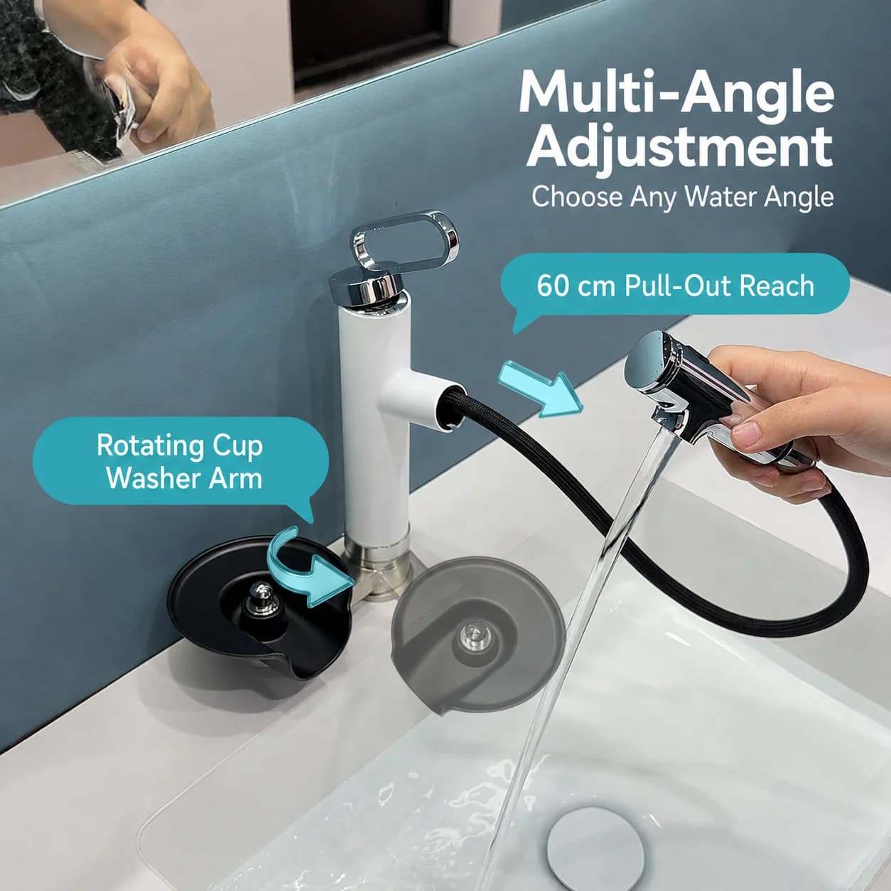 Pull Out Basin Faucet with Glass Cup Washer 3 Modes Fountain Spray Stream Hot Cold Water Mixer for Bathroom Vanity