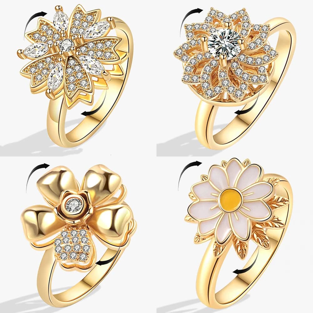 Anti-Stress And Anxiety Ring For Women Plant Flower Gold Colour Rotate Freely Fidget Metal Spinner Adjustable Open Rings Anillo