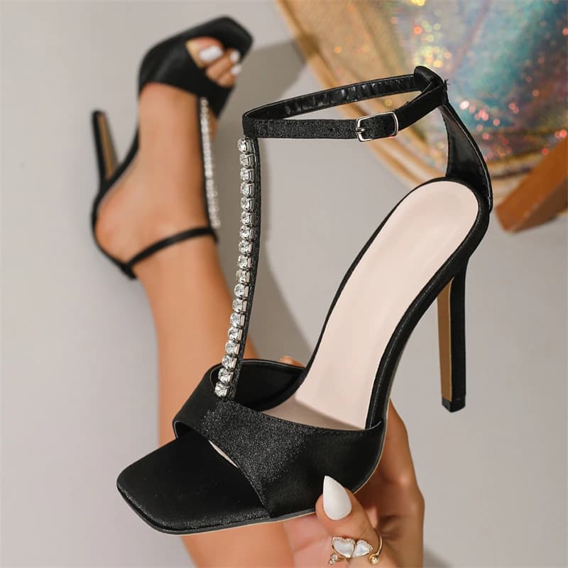 Aneikeh Fashion Rhinestone Lace Narrow Band Ankle Buckle Strap High Heels Sandals Women Party Female Dance Shoes Sandalias Mujer