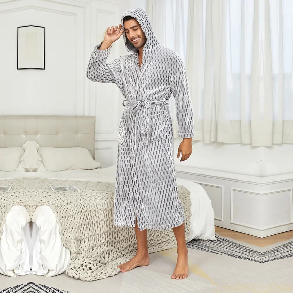 Hot bathrobe thickened to men's squares with hood Night shirt with laces Autumn Winter Nightwear Maschile Trained Casual Bathrobe with hood Bed garments