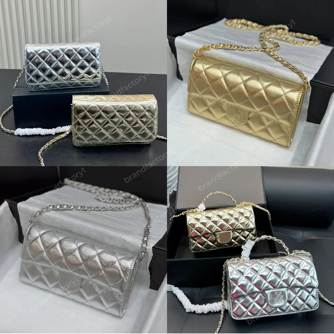 Borsa a tracolla di design a forma di diamante con catena, pochette dorata lucida, borsa a mano con patta in pelle di pecora granulata goffrata, porta carte con chiusura a ribalta