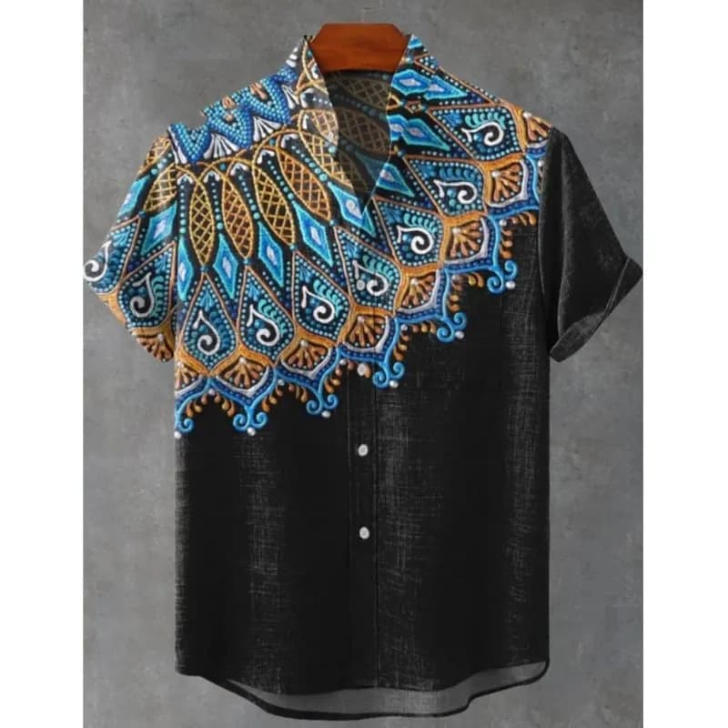 2025 Short-sleeved shirt with floral pattern mandala for men Vintage summer shirt in linen Man short sleeve for leisure Holiday Streetwea