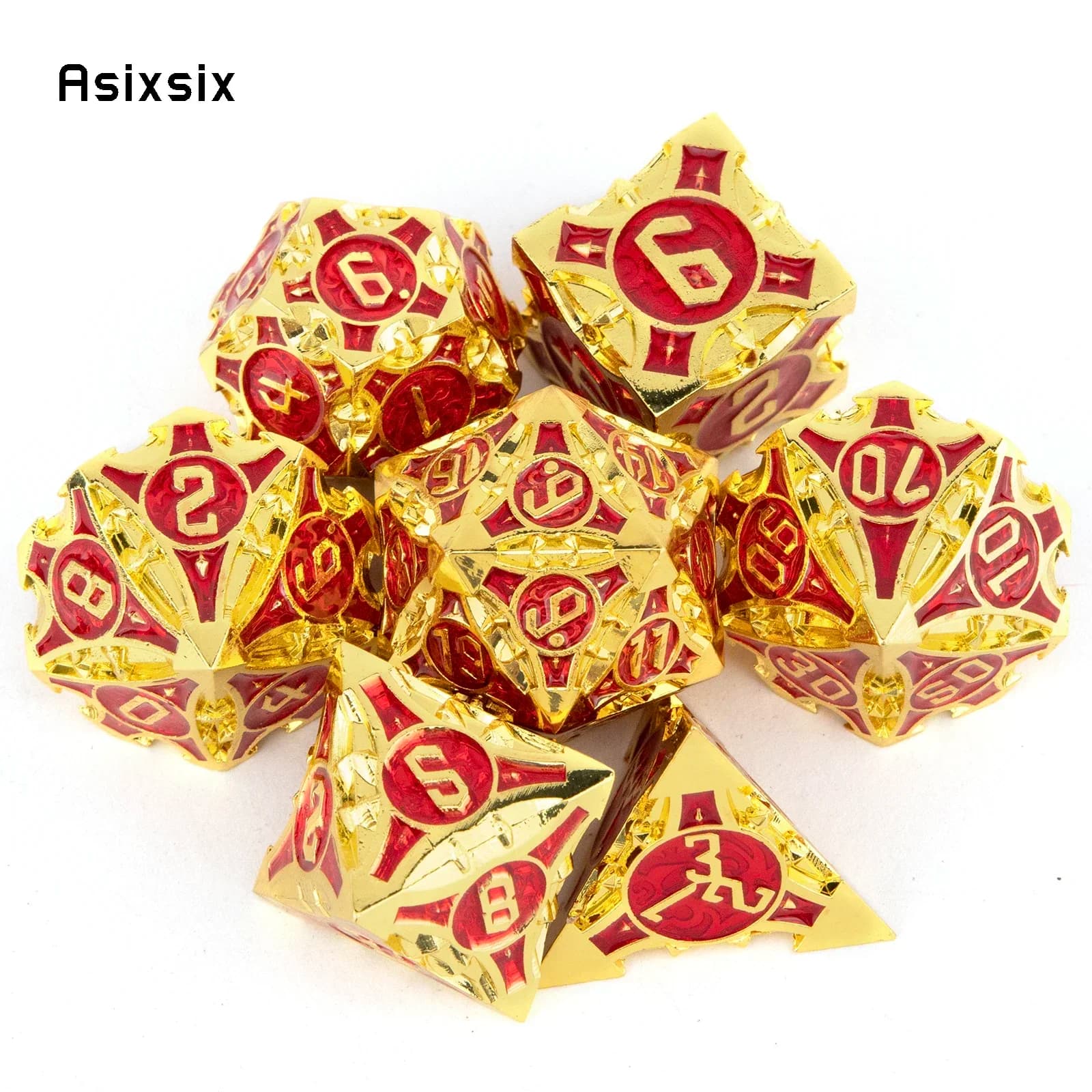 Set di 7 Dadi in Metallo Dorato e Rosso, Dadi Poliedrici in Metallo Solido Adatti per Giochi di Ruolo RPG e Giochi da Tavolo, Regalo