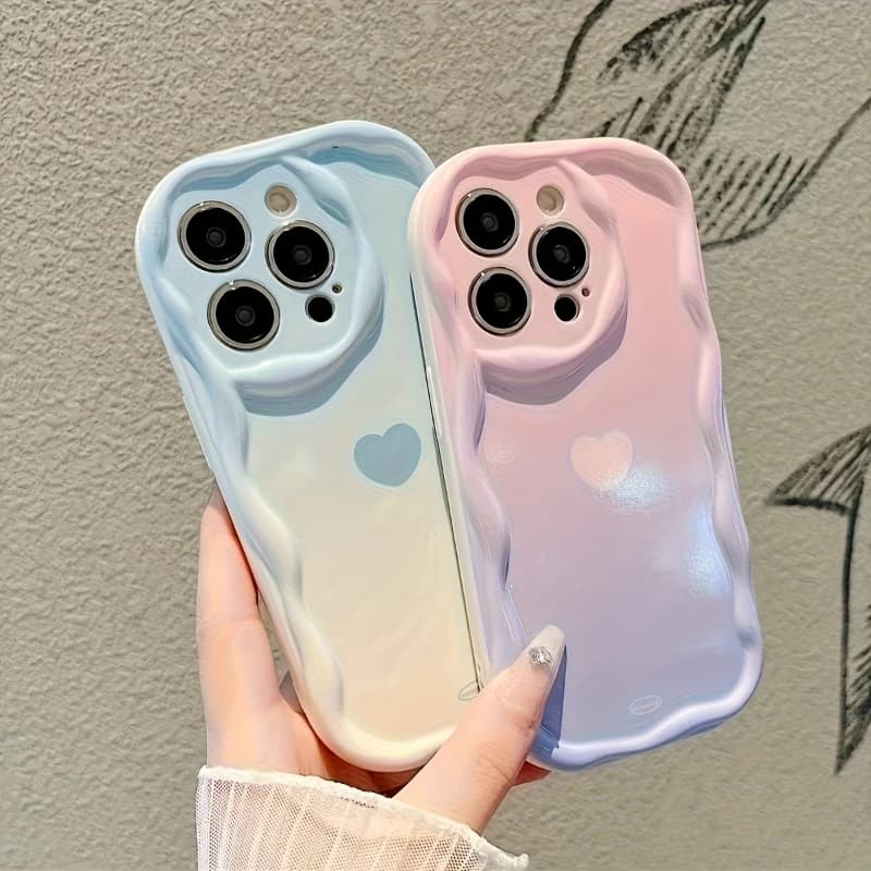 Cute Gradation Heart Pattern Cream Wavy-edge Phone Case For iPhone 17 16 15 14 Plus 13 12 11 Pro Max 16e 17e Shockproof Cover