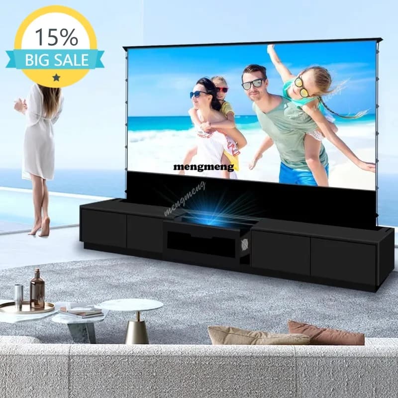 Mobile TV Laser Smart Nero zH120'' + Schermo per Proiettore UST ALR Motorizzato a Scomparsa da Terra per Proiezione Laser a Tiro Ultra Corto