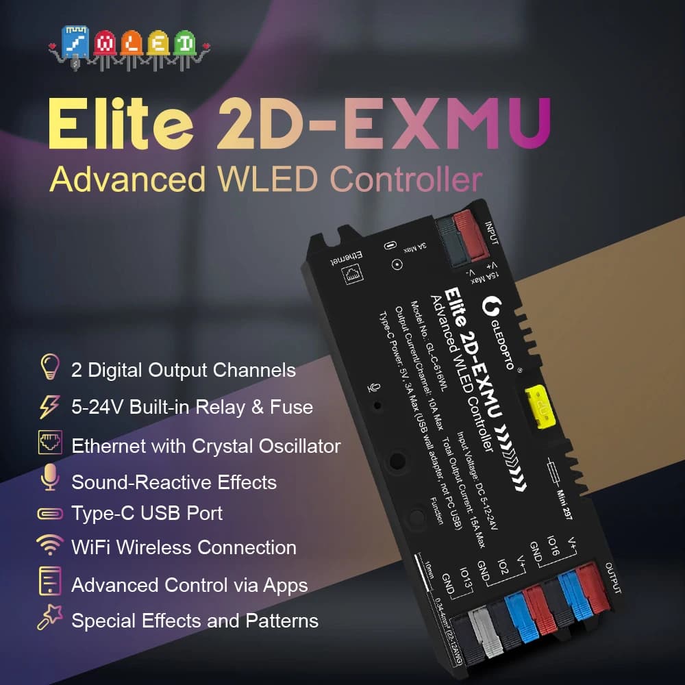 GLEDOPTO Elite ESP32 WLED LED Strip light Controller with Ethernet, Music Sync, Relay, 20A Fuse for WS2812B WS2815 SK6812 RGB IC