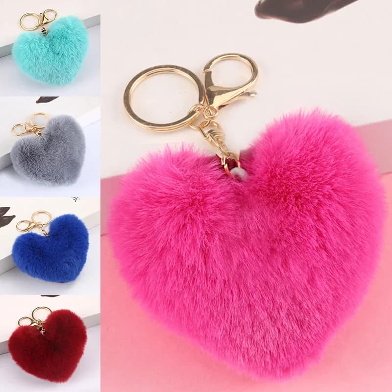 Portachiavi con pompon a cuore grande per donna Ragazza Arcobaleno Portachiavi con palla di peluche Portachiavi con ciondolo per borsa per auto Gioielli di moda Amore Portachiavi soffice