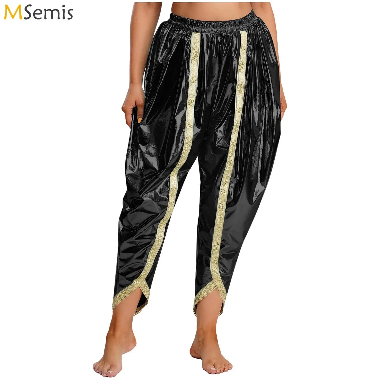 Womens Harem Palazzo Indian Dhoti Pants Gold Brocade Trim Cosplay Party Costume Metallic Shiny Arab Baggy Pants Clubwear