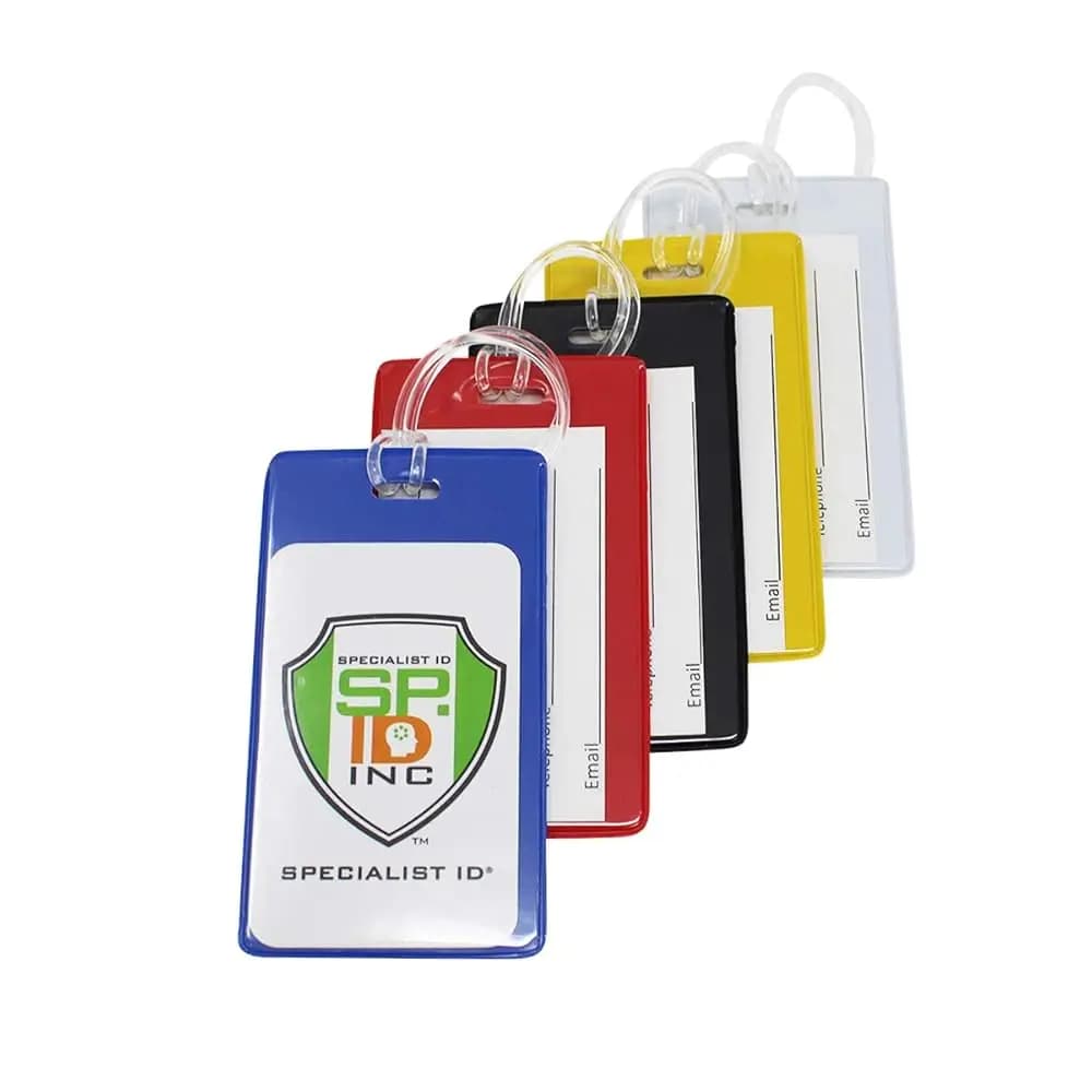 Confezione da 5 - Etichette identificative per zaini e bagagli aerei, sottili, robuste e flessibili - Porta biglietti da visita - con chiusura a vite in plastica sicura