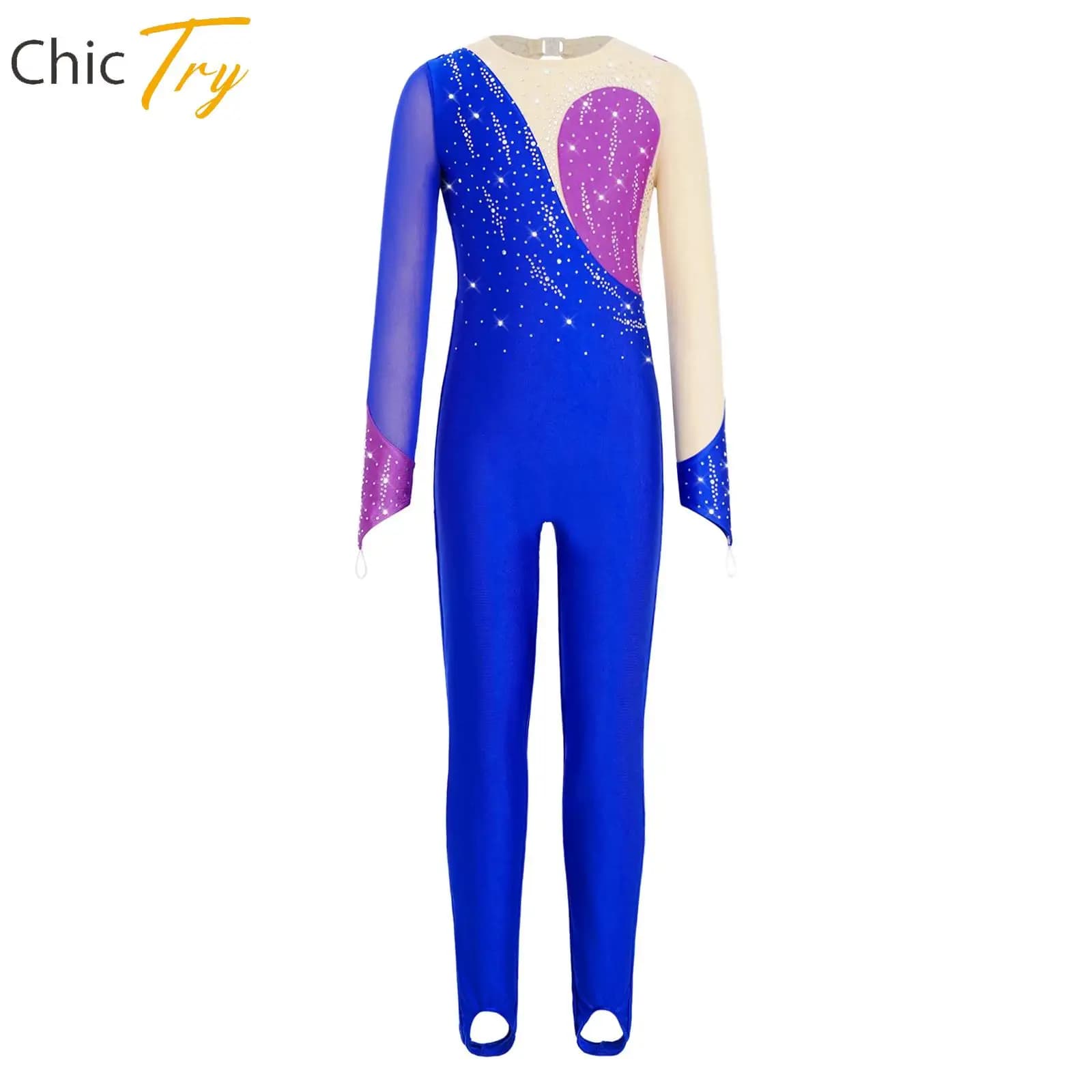 Body da Ginnastica Artistica per Bambine con Strass e Maniche Lunghe in Rete, Stile con Staffe, per Pattinaggio Artistico e Spettacoli