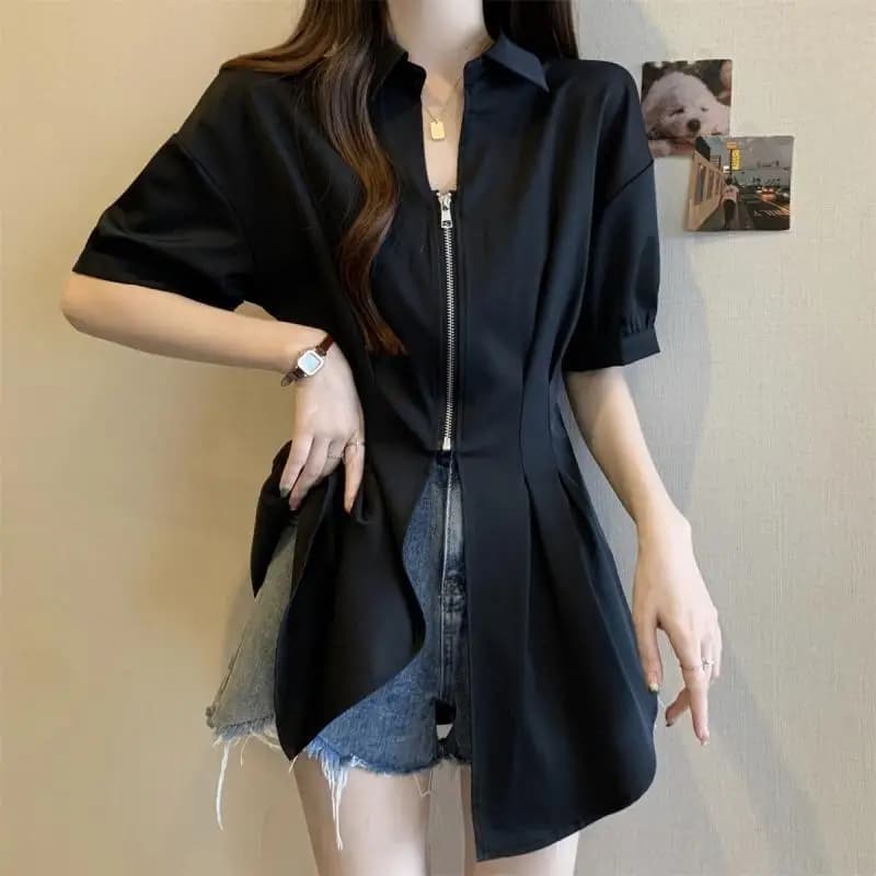 Moda risvolto cerniera tinta unita pieghe camicie in Chiffon abbigliamento femminile 2024 estate nuove camicette larghe All-match Office Lady