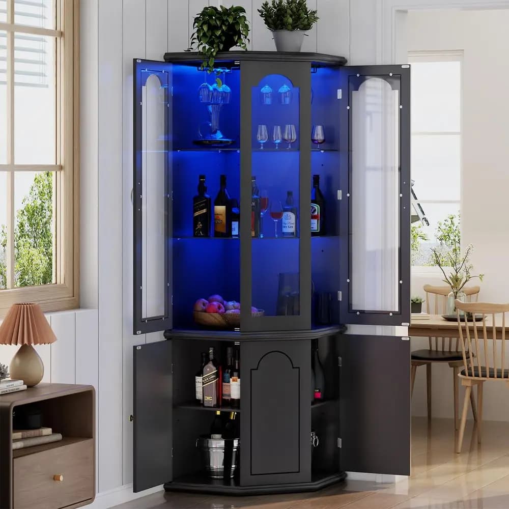 Mobile Bar Angolare con Luci LED, Cantinetta Moderna Alta con Porta in Vetro Temperato e Ripiani Regolabili, Mobile Bar per Liquori da Casa