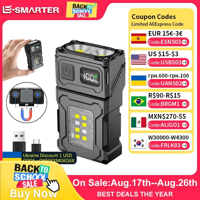 MINI Rechargeable LED Flashlight USB Portable Flashlight with Magnet Tailed Camping Lantern Super Bright Emergency Light COB Side