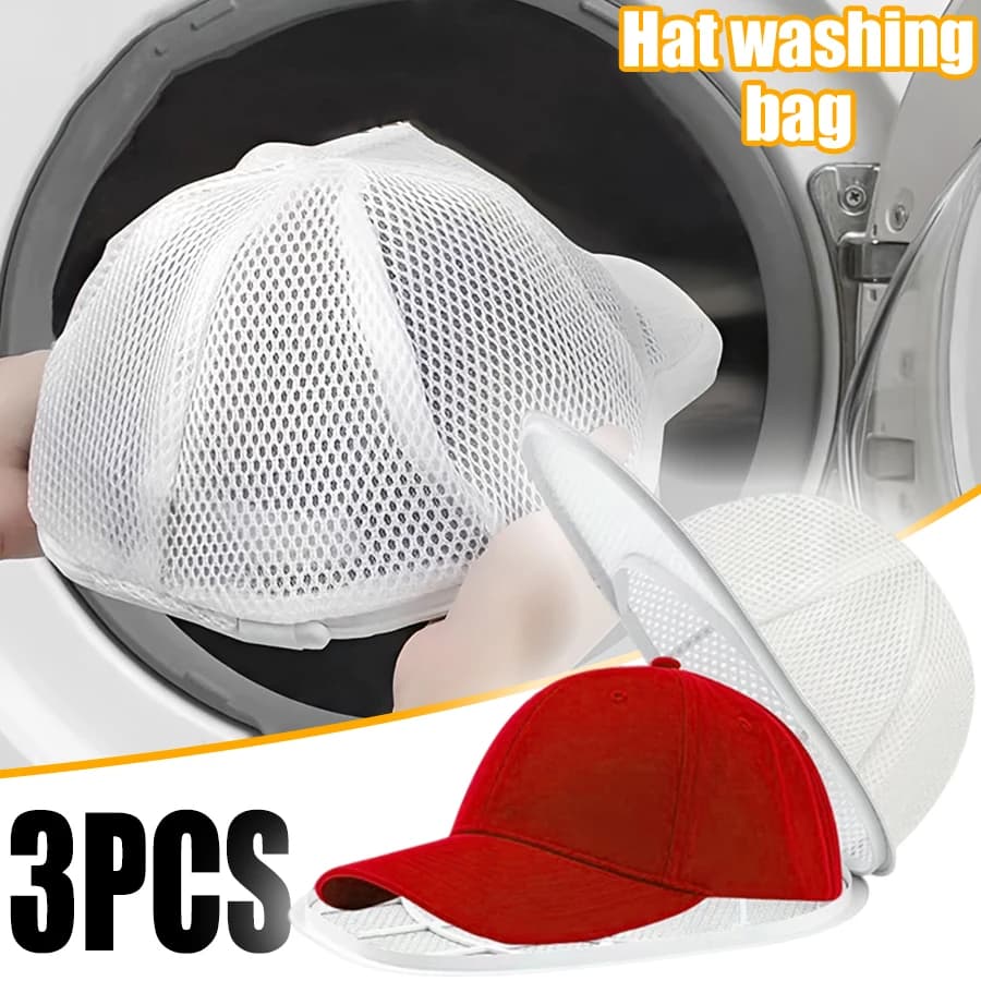 Set di 3 Sacchetti per Lavaggio Cappelli per Lavatrice, Protezione Riutilizzabile in Rete con Cerniera per Cappellini da Baseball, Sacchetto Anti-Deformazione per Cappelli Sportivi, Accessorio per la Cura dei Capi