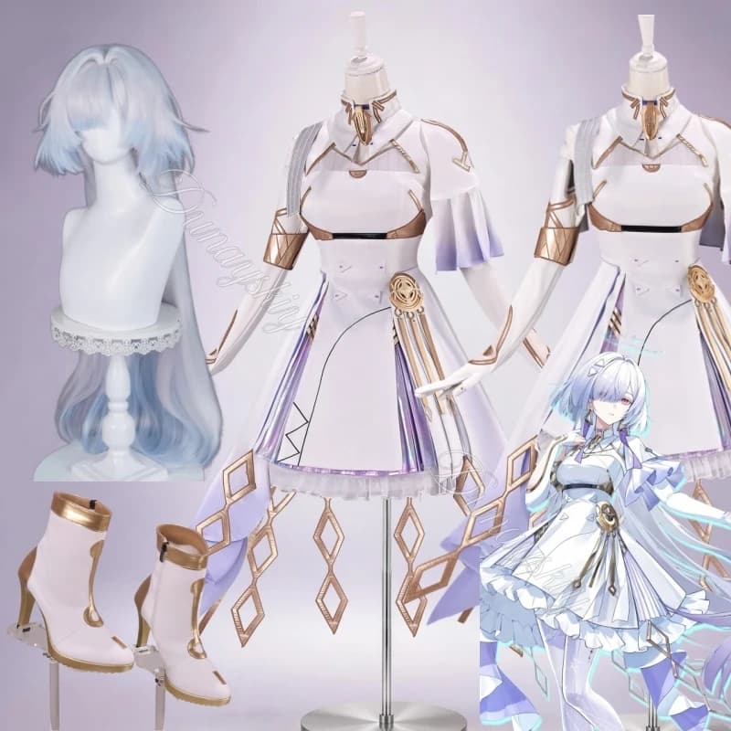 Mornye Concert Stage Wigs Cosplay Costume & Boots Full Set Wuthering Waves Outfit White Purple Gradient Stage Dress Halloween