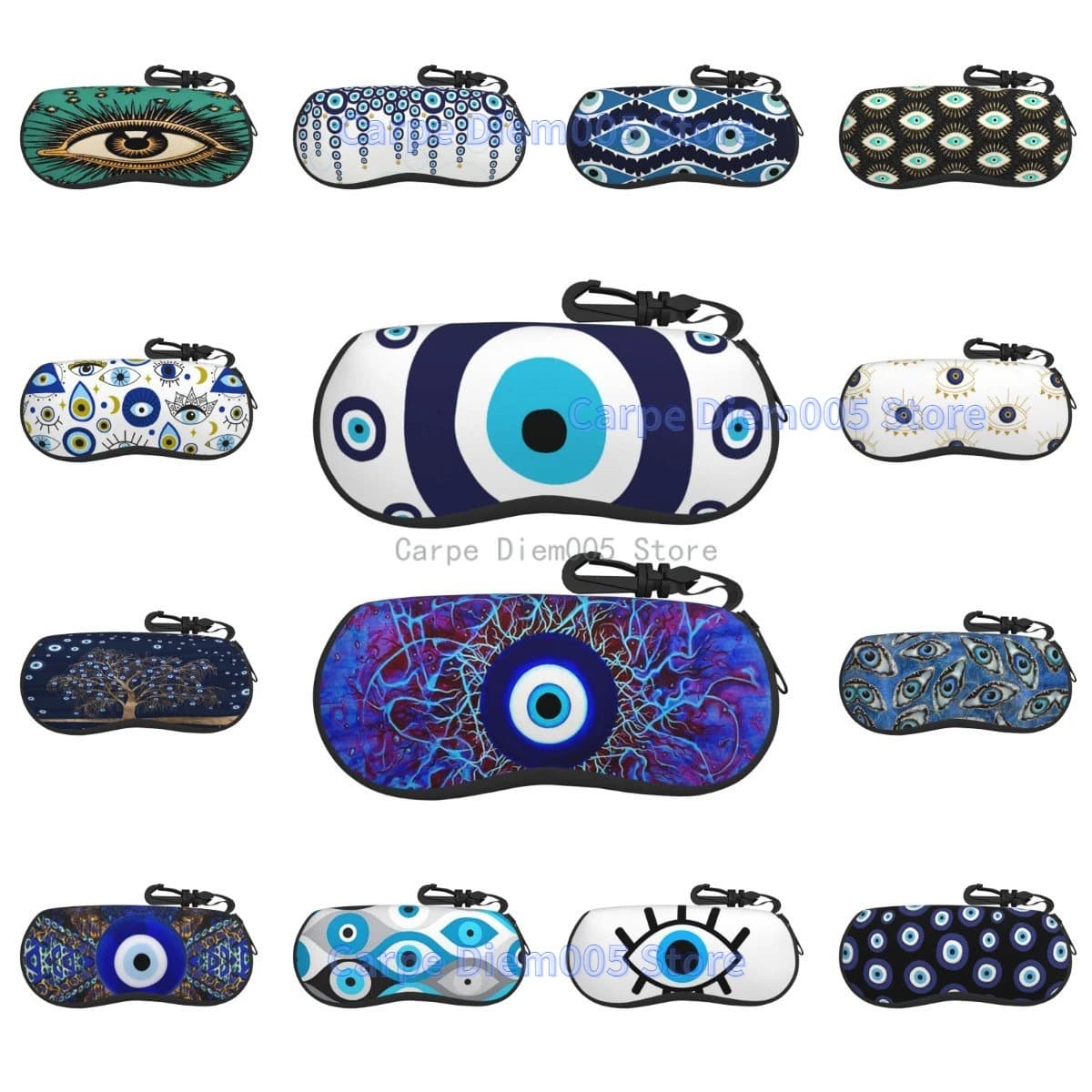 Navy Blue And Aqua Nazar Evil Eye Lucky Charm Sunglasses Soft Zip Case Eyeglass Cases with Belt Clip