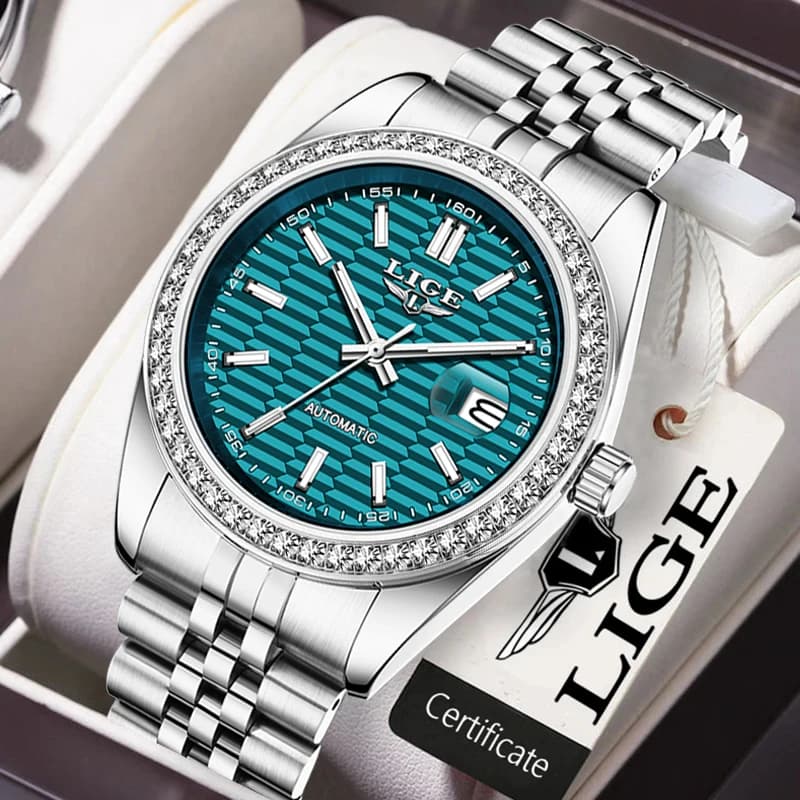 LIGE Orologi meccanici di lusso delle migliori marche da uomo Cinturino in acciaio inossidabile Movimento automatico Display Lente d'ingrandimento Date Orologio da uomo Reloj