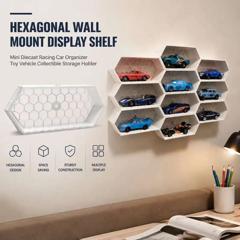 Hexagonal Wall Mount Display Shelf Mini Diecast Racing Car Organizer Toy Vehicle Collectible Storage Holder