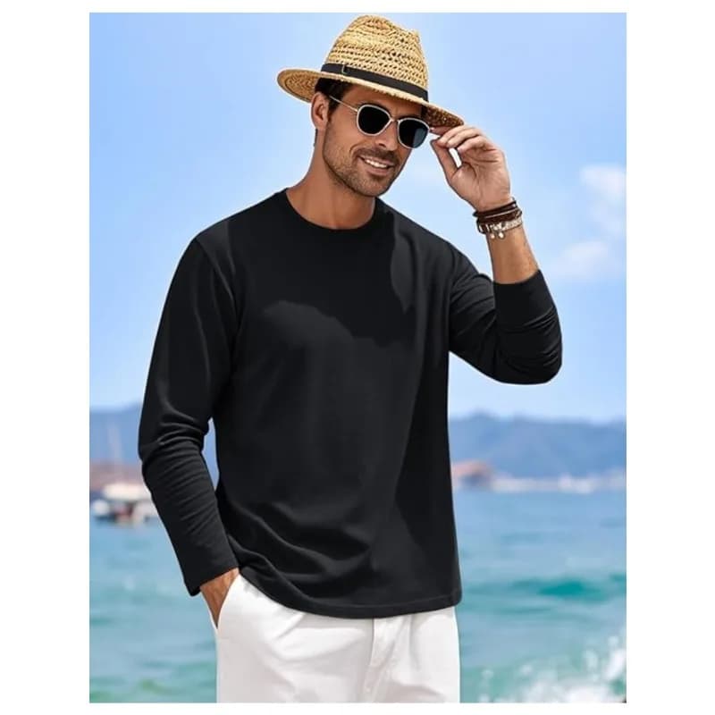 Black pure cotton long sleeved T-shirt, simple and elegant, suitable for both business and leisure