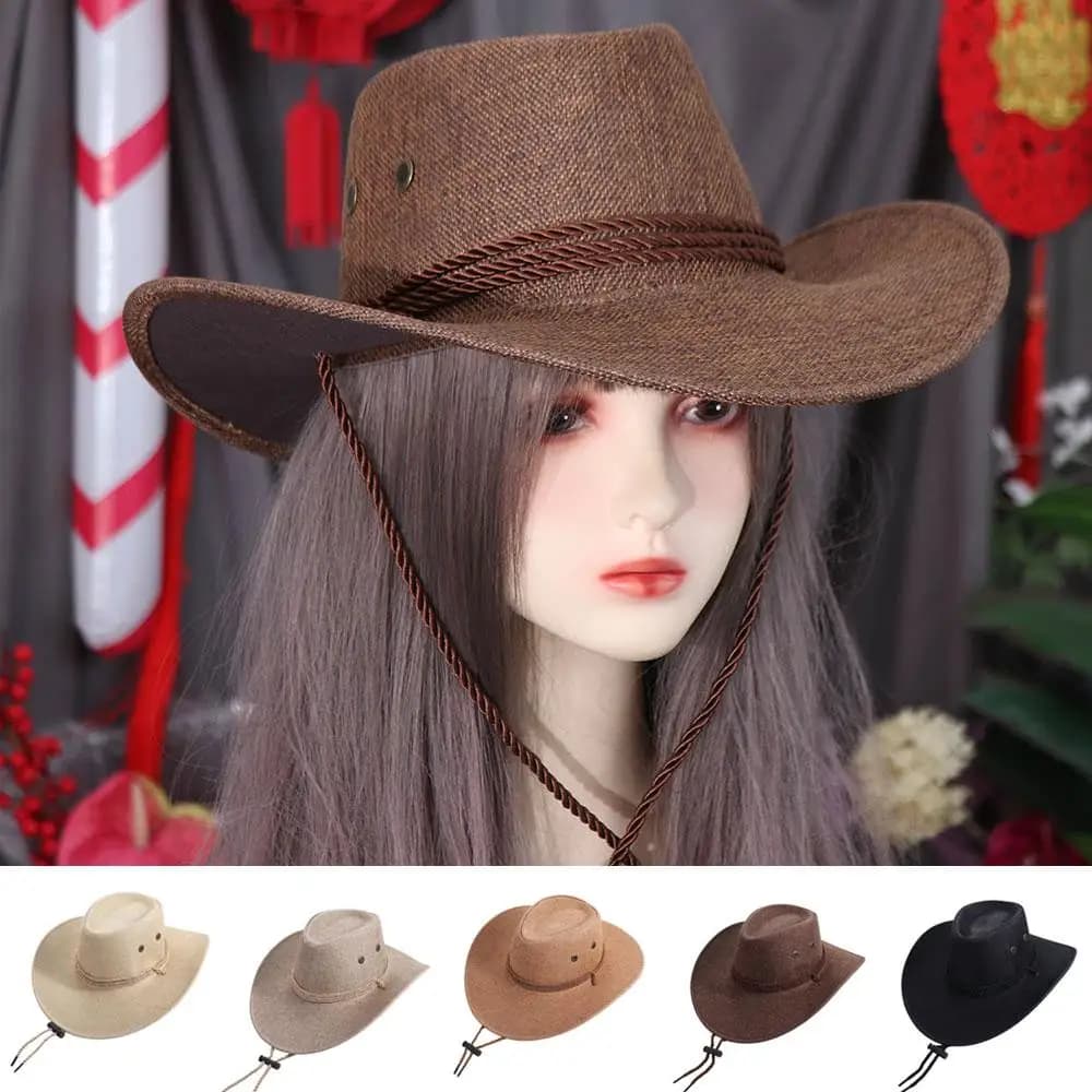 Elegant Linen Western Cowboy Hat Beach Cap Climbing Hat Summer Sun Hat Cycling Cap Wide Brim Beach Sunscreen Cap Men/Male