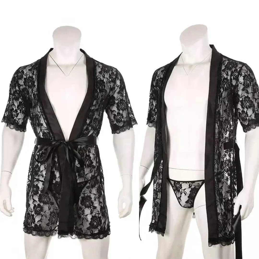Men Sexy Mesh Vestaglie Pizzo View through Bathrobes Erotic nightdress Transparent T-back G-String Homewear Set