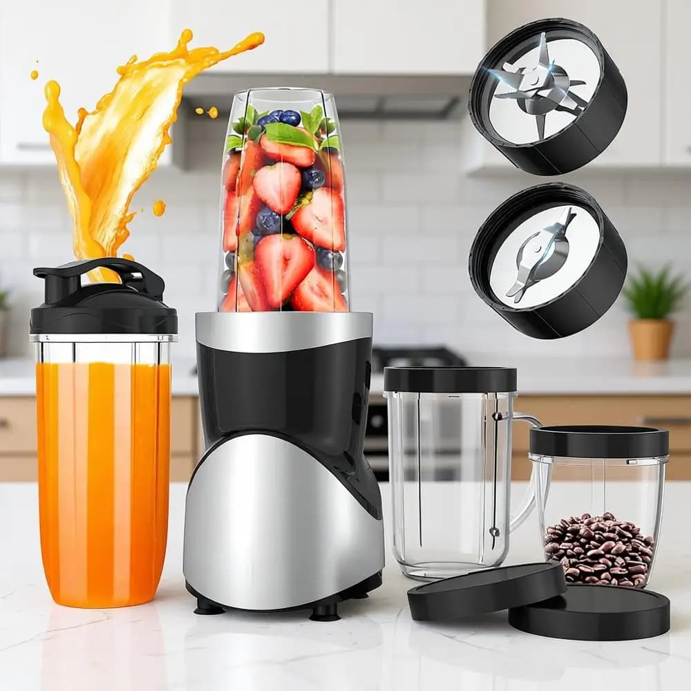 Frullatori da 900W per Smoothie, Combo Frullatore Personale e Tritatutto da 15 Pezzi, 4 Bicchieri Portatili Senza BPA, Ricette Nutrienti
