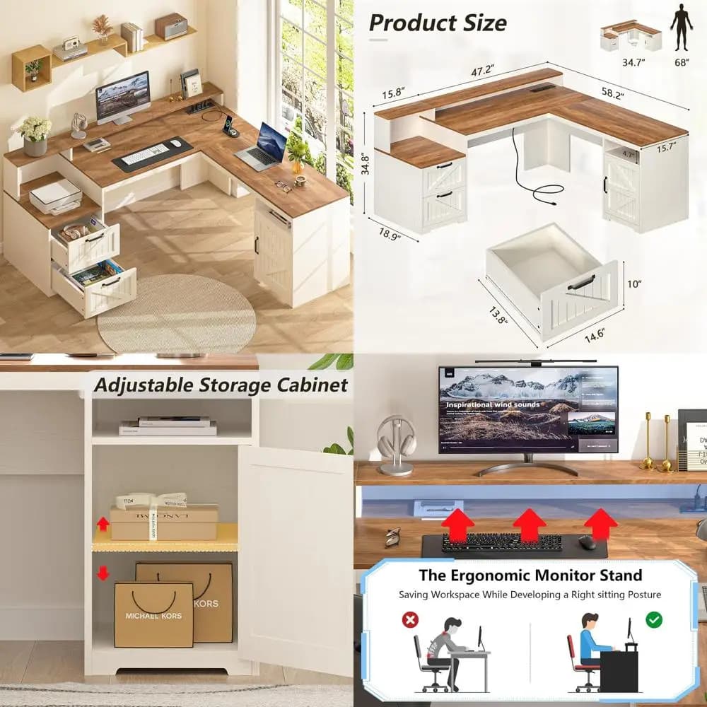 L-directional desk with drawers, storage shelves, monitor support and shelf for antique white printer