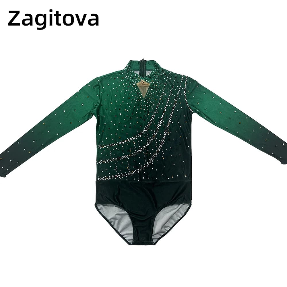 ZAGITOVA Figure Skating Dress Men And Boys Ice Skating Clothes Acrobatics Gymnastics Jumpsuit With Diamonds Dark green gradient