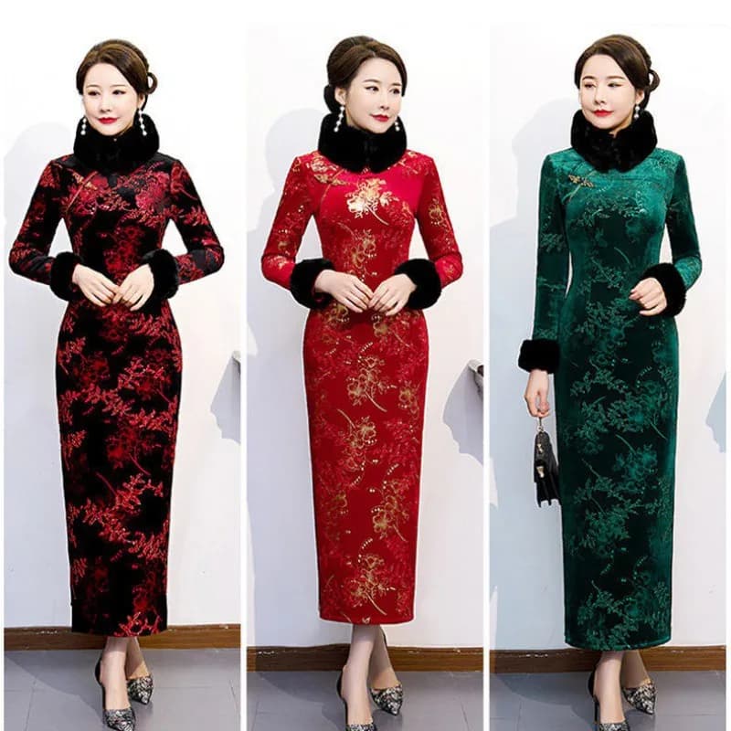 Gold Velvet Long Qipao Dress Embroidered Maternity Winter Thickened Fleece Lined Coat Style Wedding Dress for Elderly Women