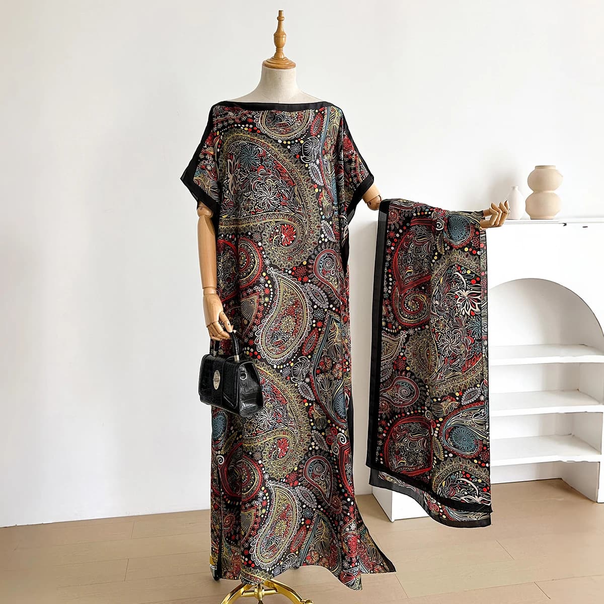NEW Fashion Summer Printer Dress With Big Scarf Dubai Turkey Muslim Caftano Trained Abaya Women African Casual Paisley Skiing Vestes