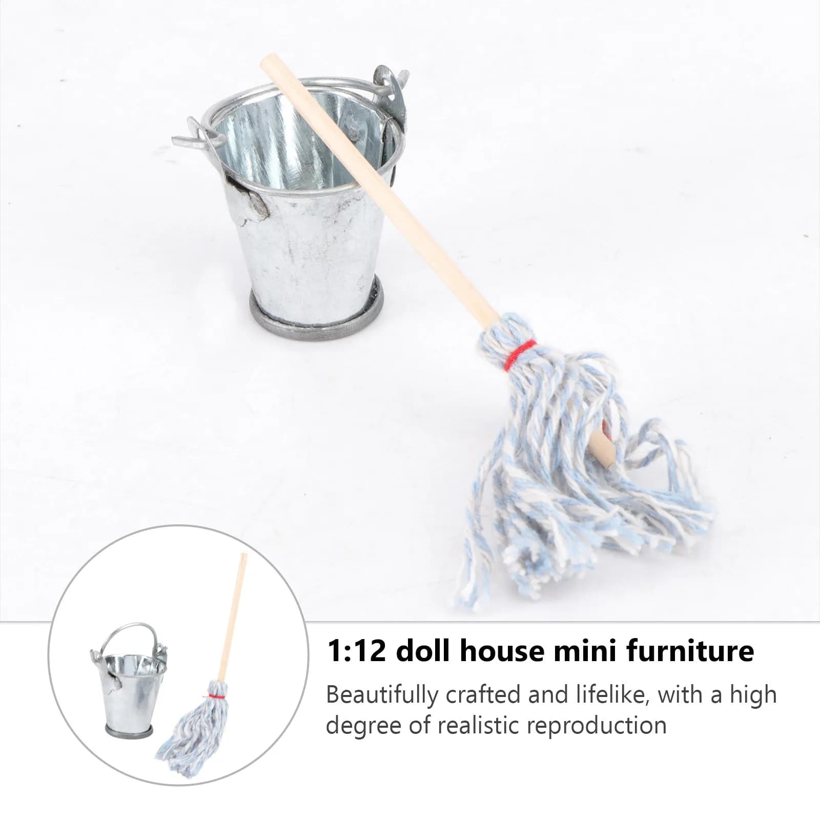 Set Mini Mop e Secchio per Decorazione Casa in Miniatura, Strumento di Pulizia Realistico e Leggero, Lavorazione Artigianale Squisita